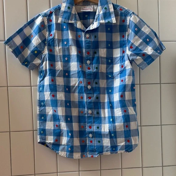 Hanna Andersson Blue and White Check Short-Sleeve Button-Down Shirt, size 6-7 - Picture 4 of 7